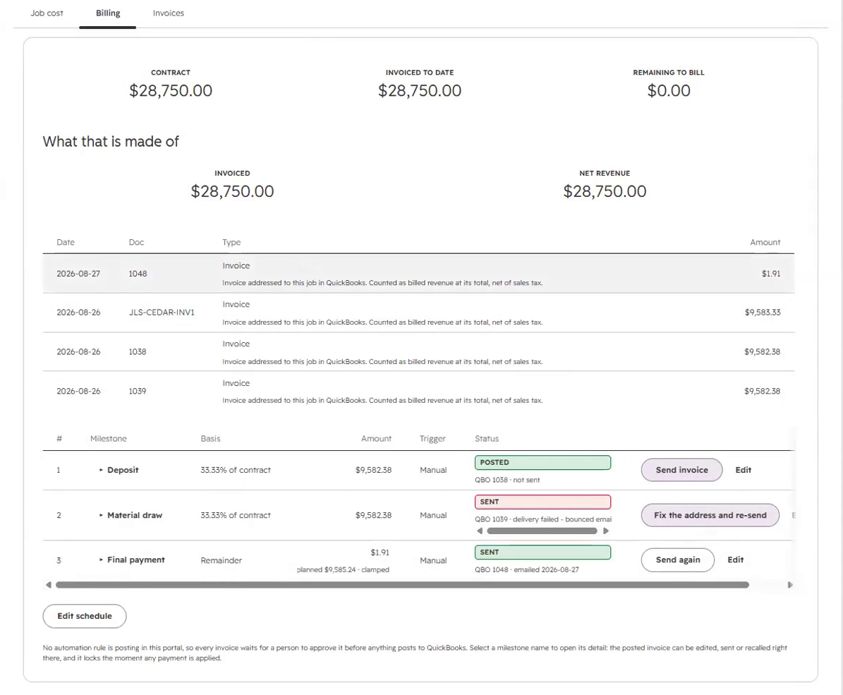 The Handled billing tab showing a $28,750.00 contract invoiced across three milestones with their QuickBooks document numbers and statuses.
