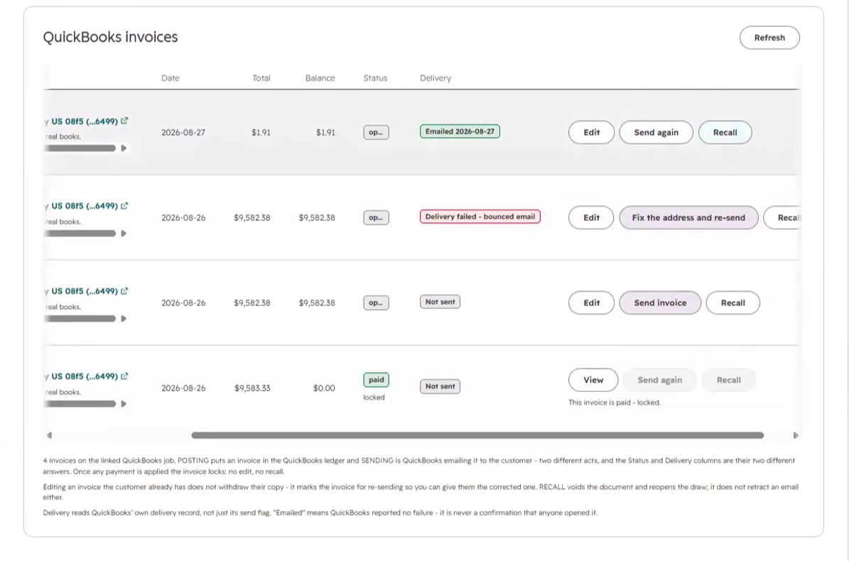The Handled invoices tab listing four QuickBooks invoices with their totals, balances, statuses and delivery states, including one delivery failure and one paid and locked invoice.