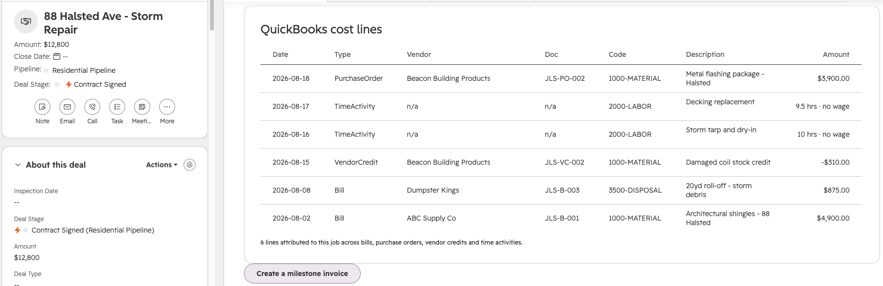 The 88 Halsted Ave deal in HubSpot, showing six QuickBooks cost lines attributed to the job &mdash; a purchase order, two labour entries, a vendor credit and two bills, the last being the $4,900.00 ABC Supply bill.